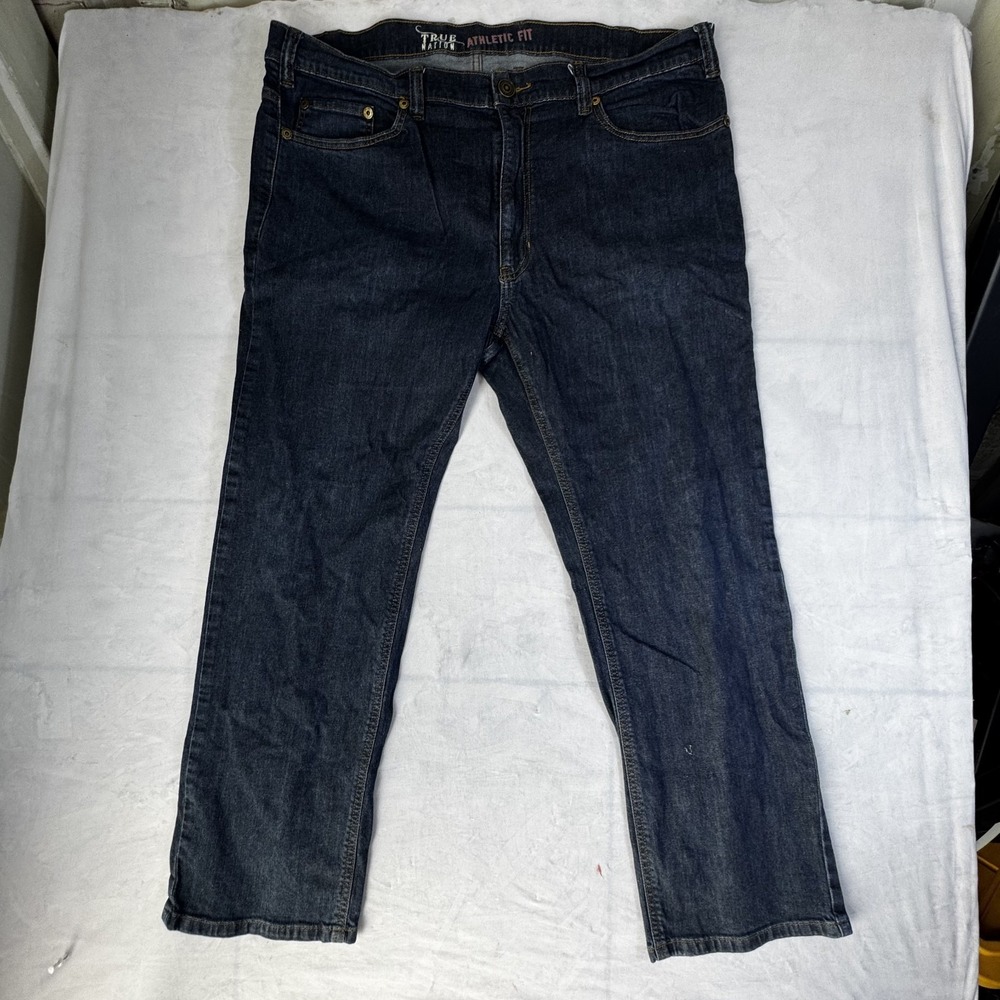 True Nation Mens Straight Leg Jeans Dark Blue Denim Athletic Fit Comfort Outdoor